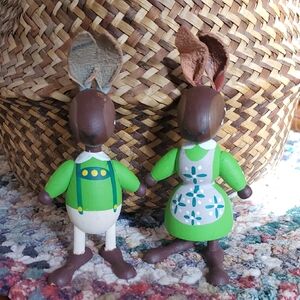 Antique Handpainted Wooden Bunny Figurine Set - Green and Brown